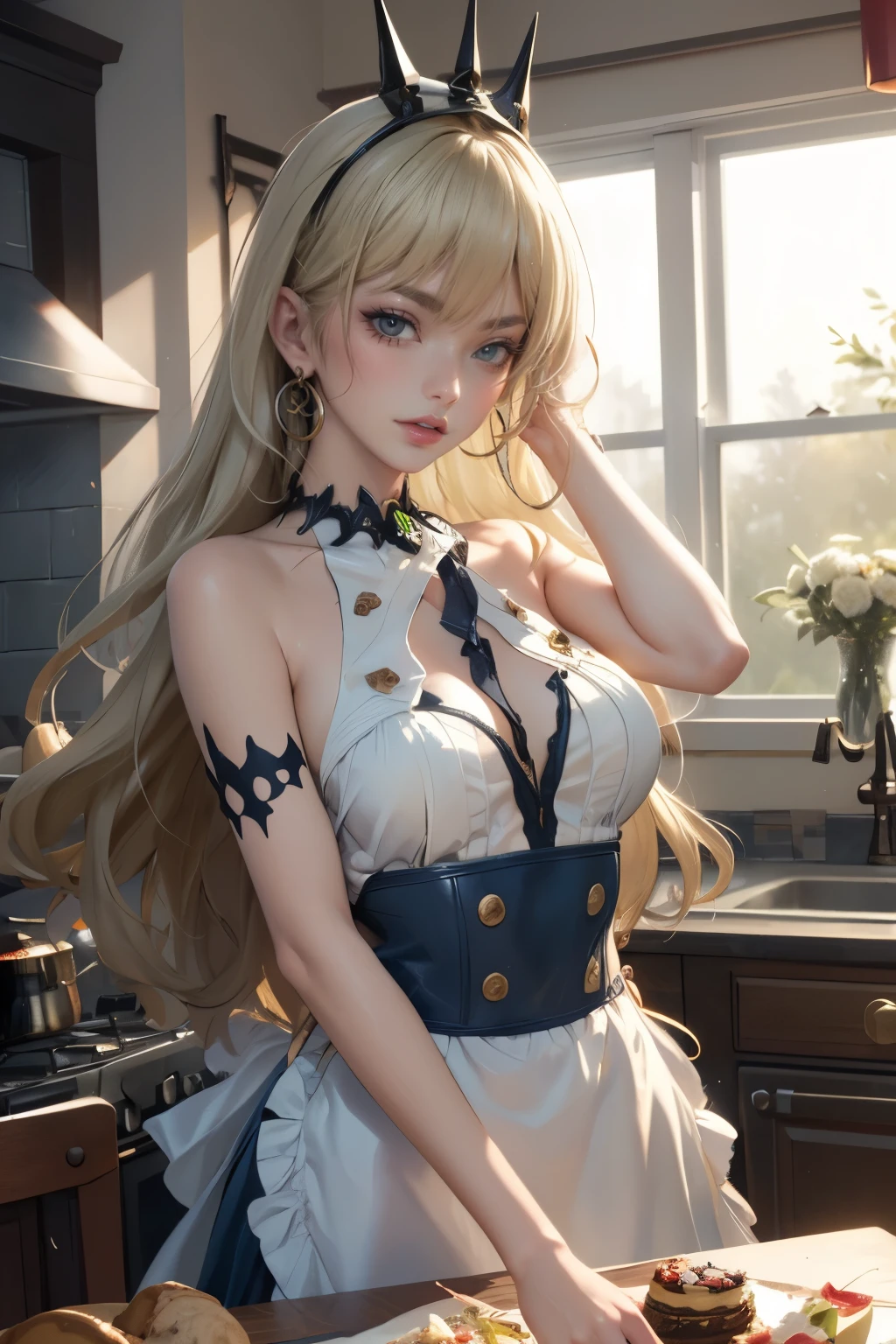 Mobius_(honkai impact 3rd), ornament hair, perfectly body, perfectly hands, stand up close to window, wave hair, green hair, long hair, green eyes, kitchen, kitchen scenery, white body, maid, maid apron, maid headdress, collarbone, more details on her clothes, cake with lemon, white body with gold details, white rose on her hair, ornament hair, Looking at the viewer, flowing hair, Beautiful Eyes, Plump and glossy lips, body with too many frills, white body, black laces, green gem, Lace trim, luxury gold details, gold jewelry, more details, best quality, Big sparkling eyes, blushing, lace garter, solo, centered girl, cowboy shot, perfectly body, perfectly hands, two arms, two legs, two hands, five fingers, perfect anatomy, glowing hair, white roses on her hair, kitchen scenery, solo, flowing hair, floating hair, ornament hair, perfectly body, perfectly hands, on the sea, sparkles, more details on her clothes, gold details on her dress, ((4k, masterpiece, top-quality)), 8k, best quality, high resolution, UHD, (illustration:0.8), super cute girl, delicate and beautiful face, mature girl, super cute hairstyle, (beautiful detailed eyes:1.6), extremely detailed face, perfect lighting, extremely detailed CG, (perfect hands, perfect anatomy), Best quality