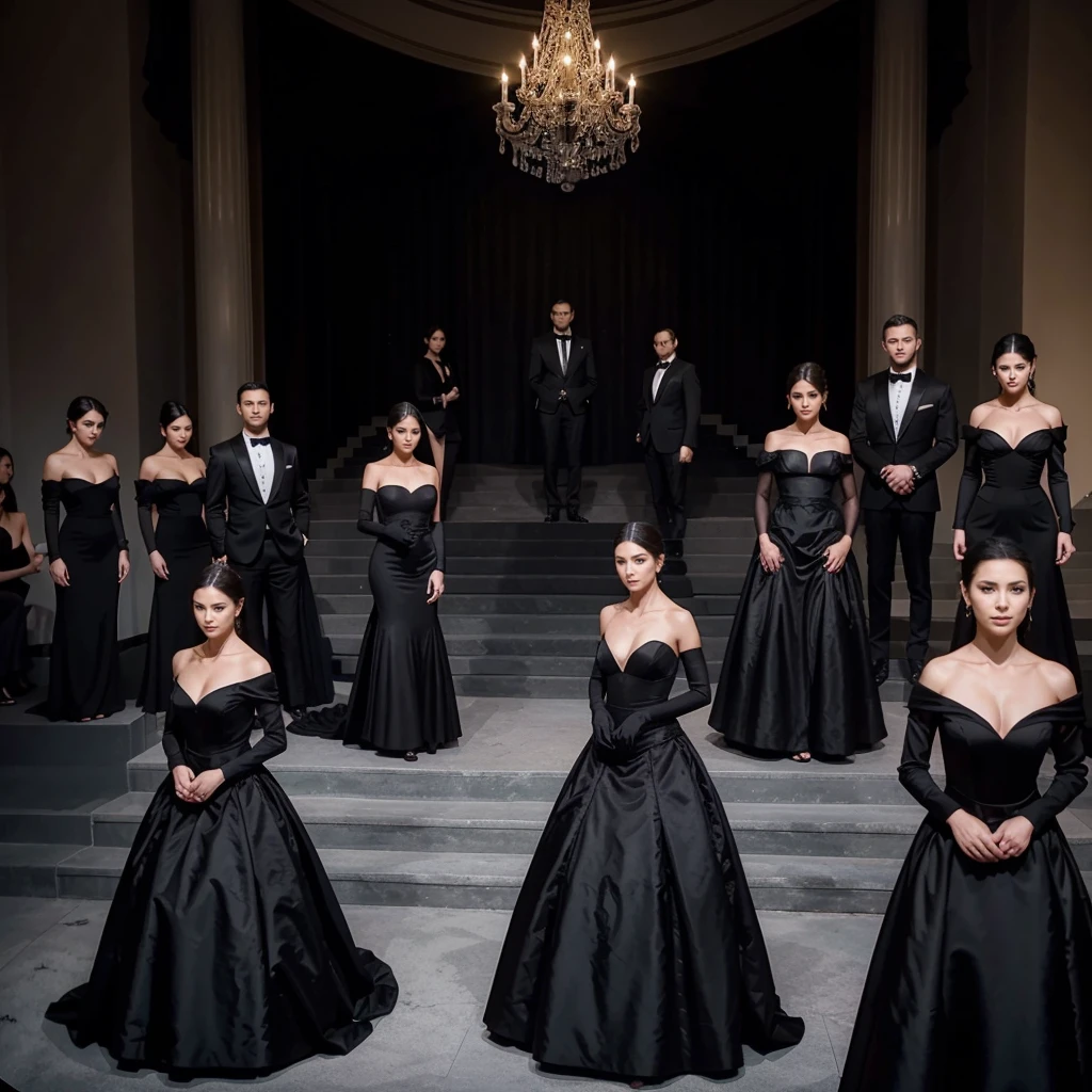 Capture the elegance and sophistication of eight individuals, comprising four men and four women, dressed in black attire. The four men don black tuxedos, while the four women adorn themselves in long black gowns. They stand side by side on the grand opera stage, exuding an air of utmost refinement and poise. Ensure the image is a realistic, ultra HD portrayal of this scene.