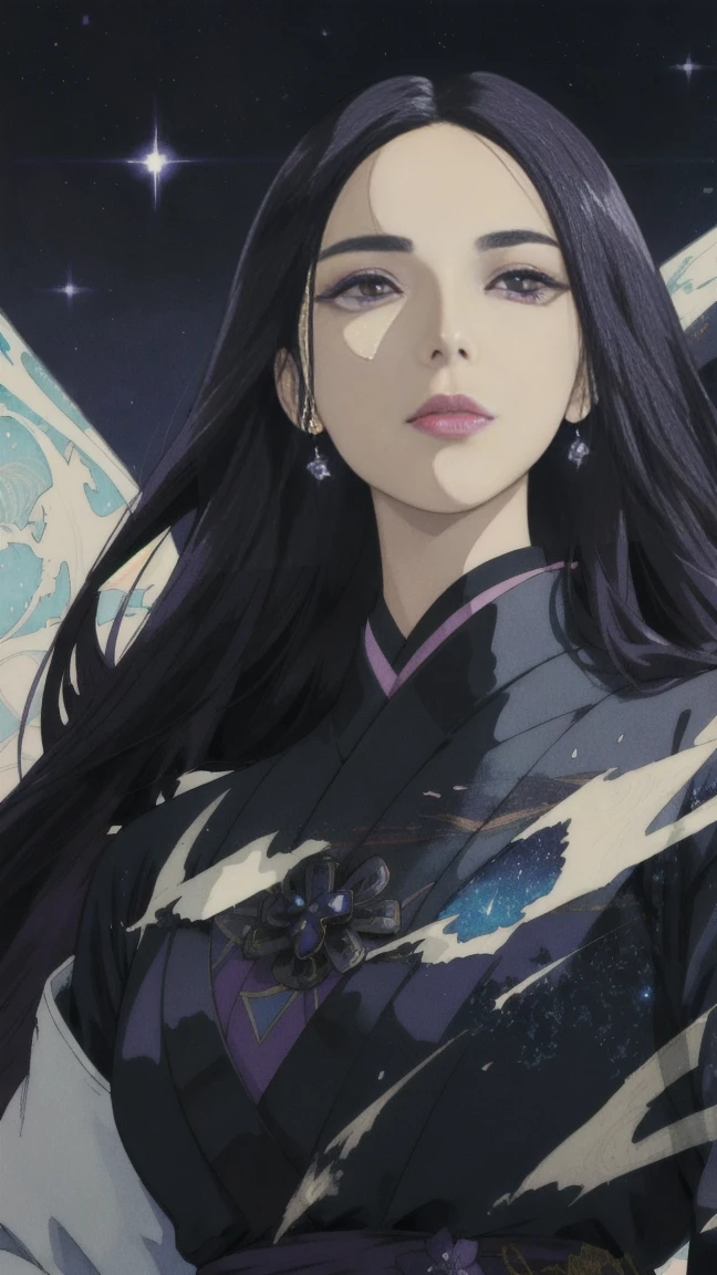 Coverart gorgeous elegant goddess as a mix of raven and psylocke as a ink painting shattering out of a page becoming the stars of the night sky and wlop in the style of a traditional japanese painting, dynamic sharp colors, fine lines, intricate detail, artstation, flat blackground, high detail eyes,face and hand
