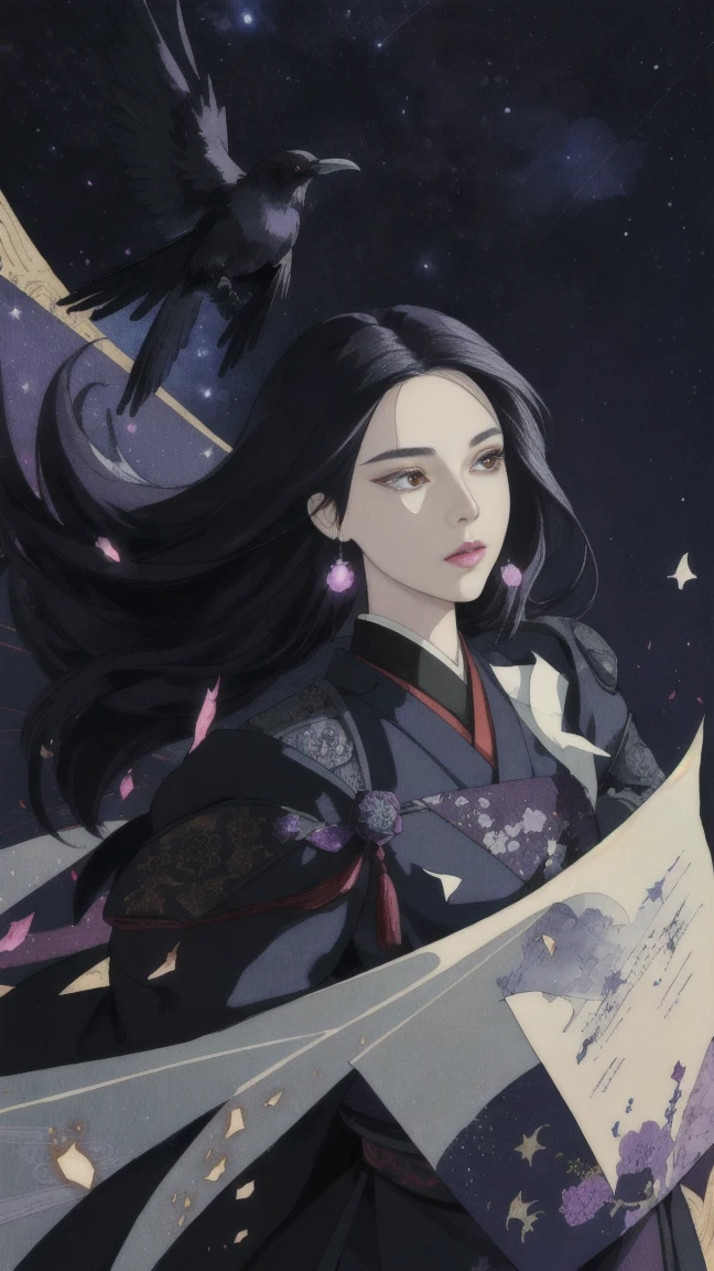 Coverart gorgeous elegant goddess as a mix of raven and psylocke as a ink painting shattering out of a page becoming the stars of the night sky and wlop in the style of a traditional japanese painting, dynamic sharp colors, fine lines, intricate detail, artstation, flat blackground, high detail eyes,face and hand
