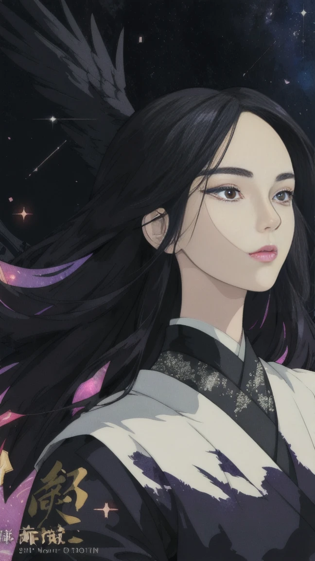 Coverart gorgeous elegant goddess as a mix of raven and psylocke as a ink painting shattering out of a page becoming the stars of the night sky and wlop in the style of a traditional japanese painting, dynamic sharp colors, fine lines, intricate detail, artstation, flat blackground, high detail eyes,face and hand