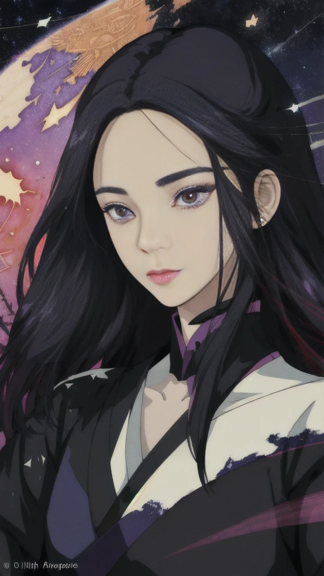 Coverart gorgeous elegant goddess as a mix of raven and psylocke as a ink painting shattering out of a page becoming the stars of the night sky and wlop in the style of a traditional japanese painting, dynamic sharp colors, fine lines, intricate detail, artstation, flat blackground, high detail eyes,face and hand
