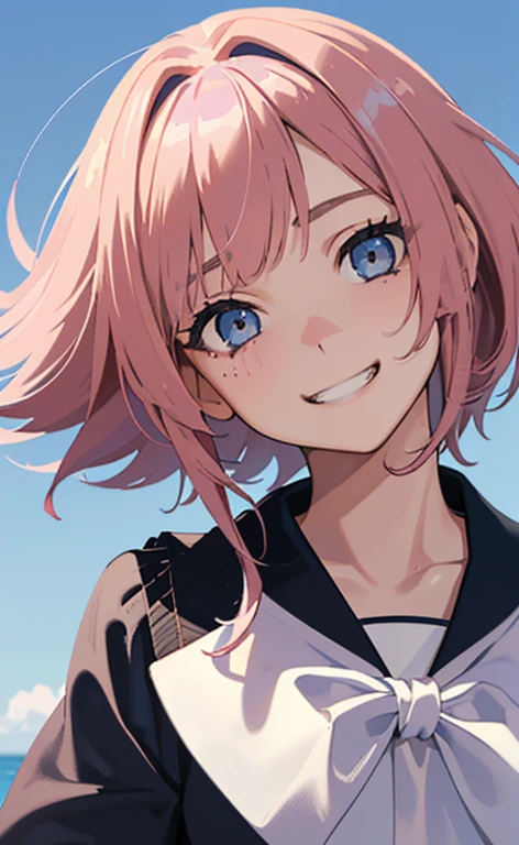 (Photorealistic:1.4)、(-yeld:1.(masterpiece、spot light:1.2、Exquisite beautiful eye:1.5,portlate)、
(kind eyes、tareme:1.9),(Close-up of face:1.5,face focus:1.5)、(Cute Face、 3D Face)、(Bright pink hair:1.5)、(middle hair:1.5),(sidelock :1.9),(blunt bangs:1.3),(1 school giqua eyes:1.2)、(upper body:1.5)、(grin:1.5)),()、(Hair blowing sideways in the wind:1.4),()(head tilt) ,(),(flat chest),(),(school sailor uniform:1.5),( blue sky view background:1.5)、()、(serafuku)、Slim Body(),Shiny Hair、girl、zydG