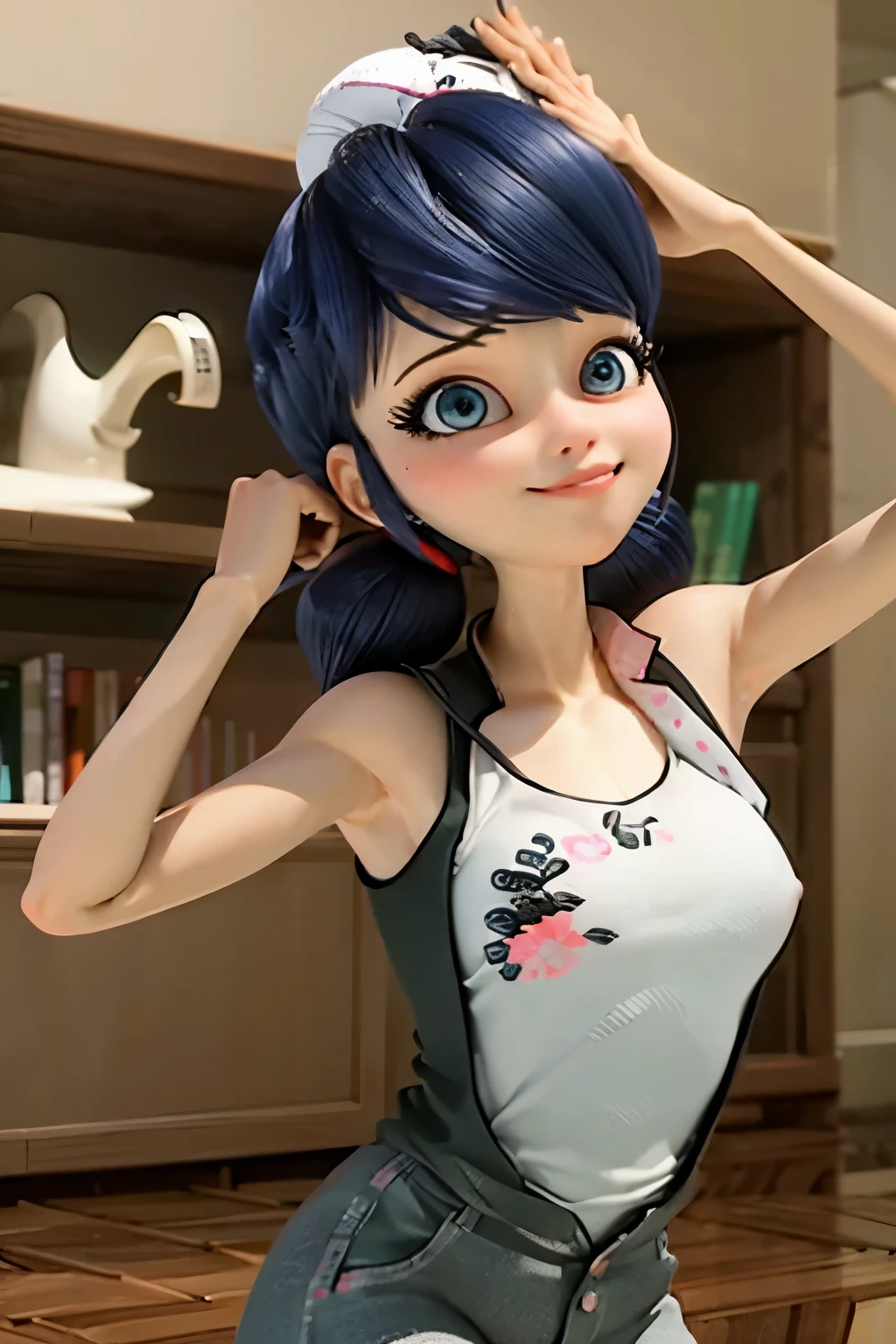 Create an image of Marinette Dupain-Cheng from Miraculous Ladybug. She has large breasts and wide hips, wearing a sleeveless button-up shirt. Her arms are raised with her hands clasped behind her head. Marinette has a relaxed expression with her mouth slightly open and a playful smile Posing to show off your armpits Increases arm fitness to the highest level