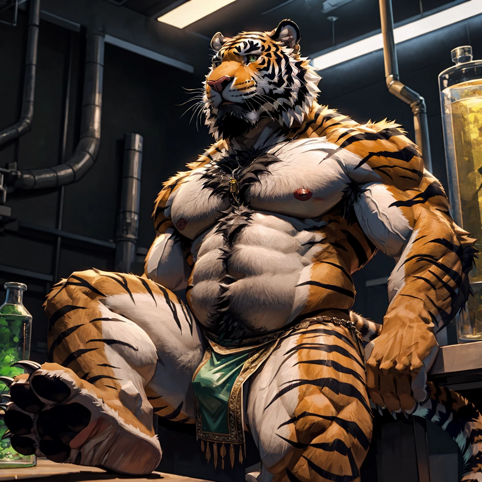 Male tiger、A composition that captures the whole body、Laboratory Background、Background of the suspicious laboratory、The excess fat on the loincloth、lower abdominal fat、White loincloth between the legs、Lots of pubic hair、Very long armpit hair、Thick chest hair、Top-down composition、Sharp claws on the toes、Hairless head、Shaggy fur all over the body、Upward facing face、Very long and profuse armpit hair、tiger tail、paw pads on soles of feet