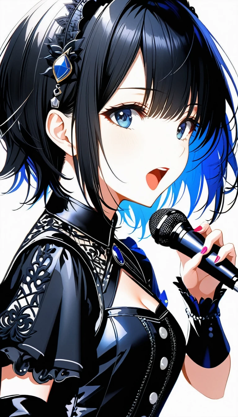 (((White background:1.2)))、((((very wide shot:1.2))),masterpiece、Ultra HD、(Swedish metal rock girl singing with a microphone), Intricate details, Highly detailed facial expressions, Gothic Dress, Intricate details、Black short hair、Open your mouth and sing joyfully、Upper body reflected、Dynamic,profile,Wear black boots、