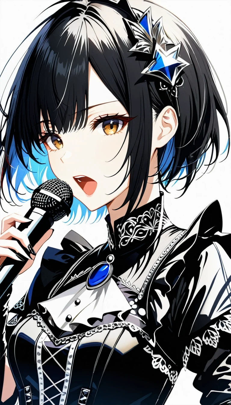 (((White background:1.2)))、((((very wide shot:1.2))),masterpiece、Ultra HD、(Swedish metal rock girl singing with a microphone), Intricate details, Highly detailed facial expressions, Gothic Dress, Intricate details、Black short hair、Open your mouth and sing joyfully、Upper body reflected、Dynamic,profile,Wear black boots、