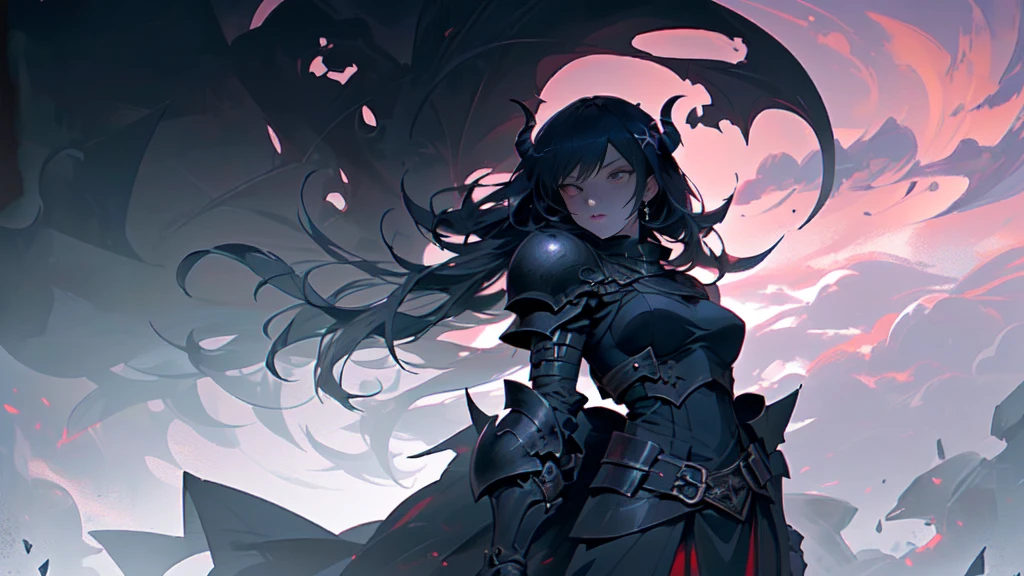 (masterpiece, best quality, ultra high res:1.2), highly detailed, fantasy illustration, (by the artist that rebecca guay:1.4), 1girl, black hair, (black armor), undead, ghosts, wraiths, night, battle field, dark theme, visually stunning, beautiful, award-winning art