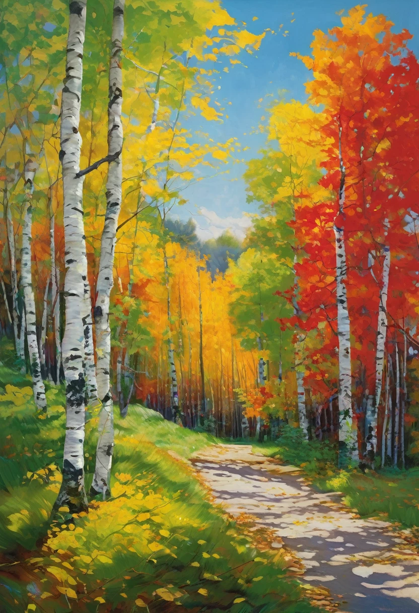 Despite the specific mention of color in the title of the painting, “Green Noise” is by no means monochrome. Even if you do not take into account the gray clouds, white birch trunks and yellow sand, it is clear that the leaves of the trees are made in different colors. The side of the foliage on which sunlight falls glows with red and yellow colors. And the opposite one, located in the shadows, is blue and cyan. The shades are bright, rich and contrasting, thanks to which the viewer feels the power and riot of the elements. high contrast, center focus, edge blur