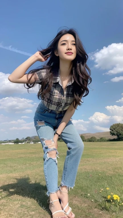 a beautiful and cute girl,Full body image,extremely beautiful and exquisite,black hair,sweet smile,Delicate, beautiful and fair skin,Realistic and realistic,Exquisite and complete facial features,Detailed depiction of face,high nose bridge,Coiled hair,smooth hair,extremely fine hair,femininity,light up your face,high and high,thin,sandals,real,Surrealism,full body shot,high resolution,forward inclination angle,Ultimate picture quality,highest precision,Precise and perfect human anatomy。Blue sky and white clouds,standing on the grassland,(Blue sky and white clouds),Sunlight,cattle and sheep,(plaid flannel shirt with distressed boyfriend jeans,). sony master lens,Looking up at the camera,Telephoto shooting,Express the landscape,highlight portrait。