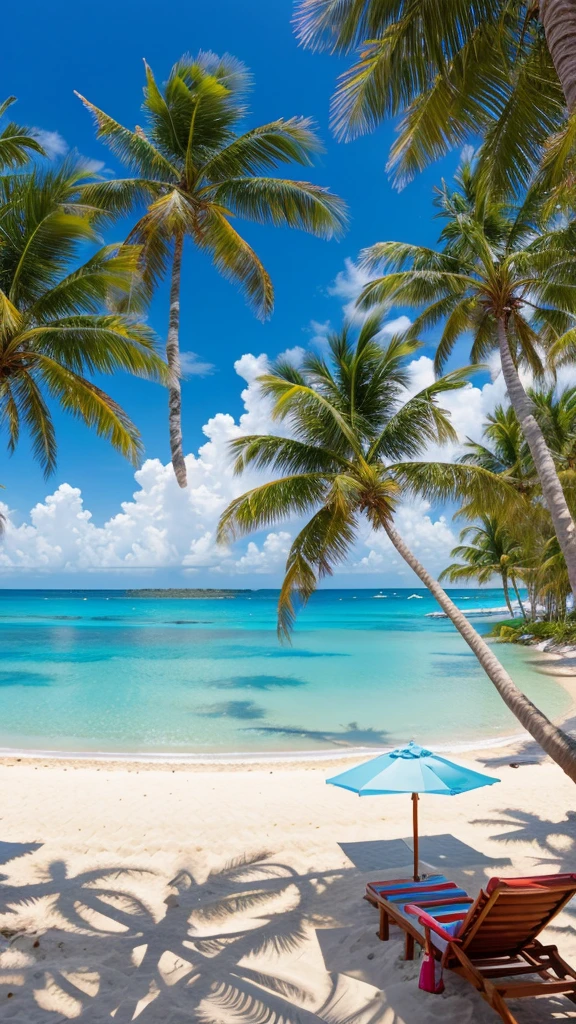 A warm and sunny beach scene with crystal-clear waters, swaying palm trees, and a colorful beach umbrella in the distance.