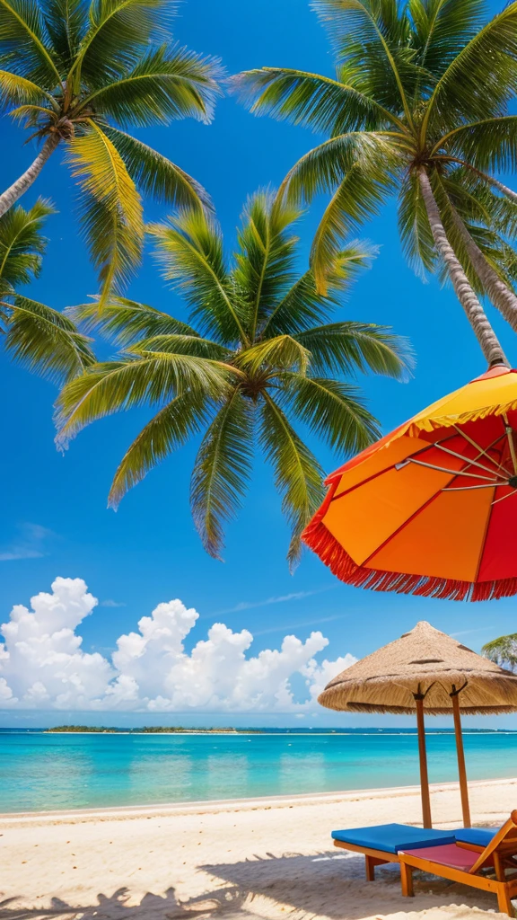 A warm and sunny beach scene with crystal-clear waters, swaying palm trees, and a colorful beach umbrella in the distance.