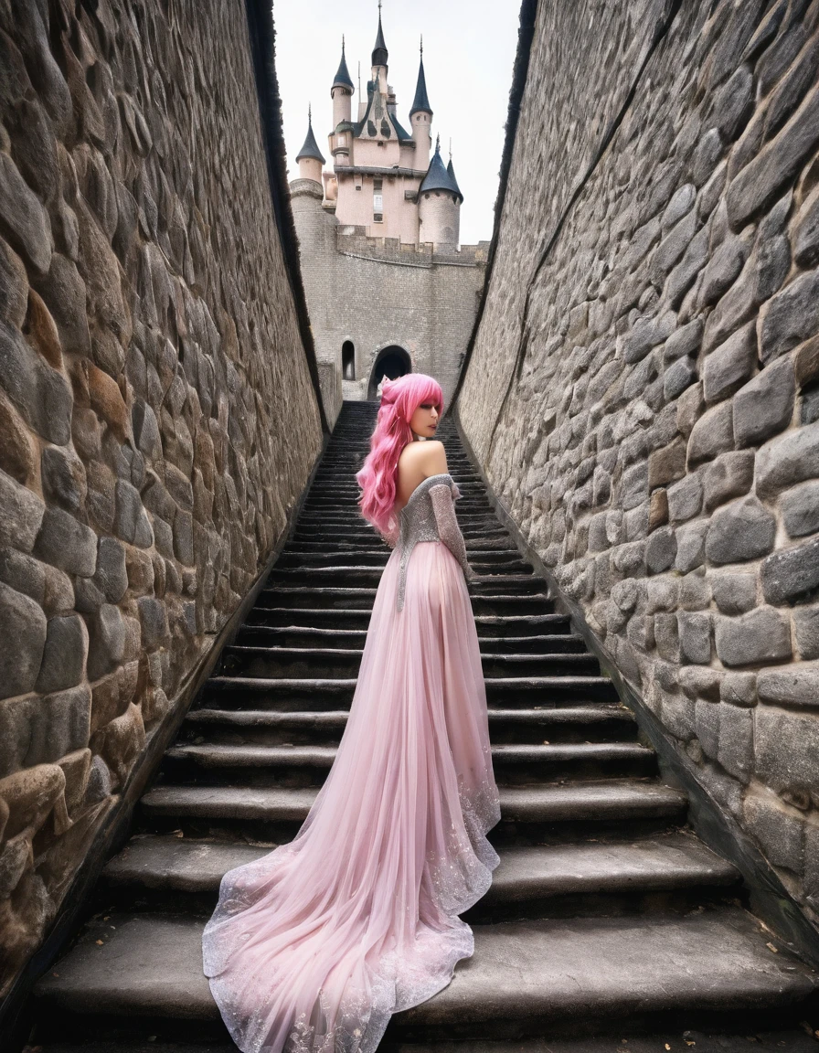 beautifull woamn with pink hair ((masterpiece, Highest quality, Best image quality, High resolution, Realistic, RAW Photos, 8K)), Woman in sapphire blue and gold marine, an evening dress, (Long pink hair, hair tied back, Jeweled wig, Long gloves, Glass Slipper, Bare shoulders, Bare back), Looking back from halfway up the wide staircase leading to the castle, Look down,far away shot,widea angle taken