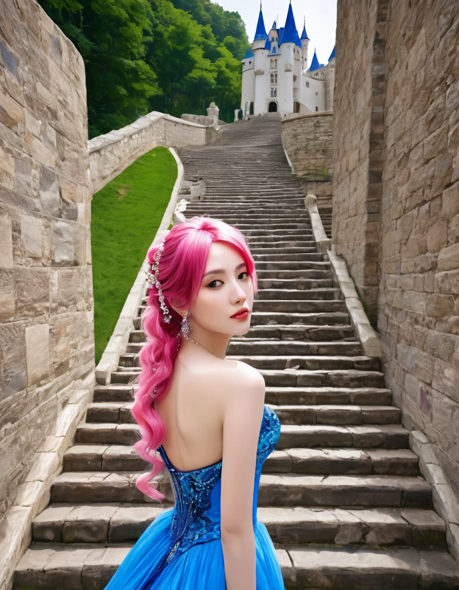 beautifull woamn with pink hair ((masterpiece, Highest quality, Best image quality, High resolution, Realistic, RAW Photos, 8K)), Woman in  sapphire blue and gold marine, an evening dress, (Long pink hair, hair tied back, Jeweled wig, Long gloves, Glass Slipper, Bare shoulders, Bare back), Looking back from halfway up the wide staircase leading to the castle, Look down,far away shot,widea angle taken

