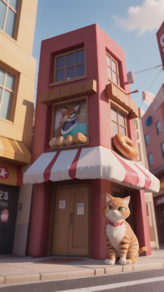 「A big ginger cat spots a colorful donut shop sign on a street corner.、Drooling。」

Stopping on a street corner、A big ginger cat spots a colorful donut shop sign、Drooling。The sign has colorful donuts on it.、It looks very delicious。Second