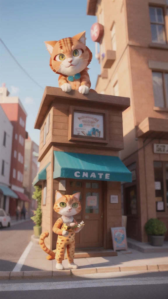 「A big ginger cat spots a colorful donut shop sign on a street corner.、Drooling。」

Stopping on a street corner、A big ginger cat spots a colorful donut shop sign、Drooling。The sign has colorful donuts on it.、It looks very delicious。Second