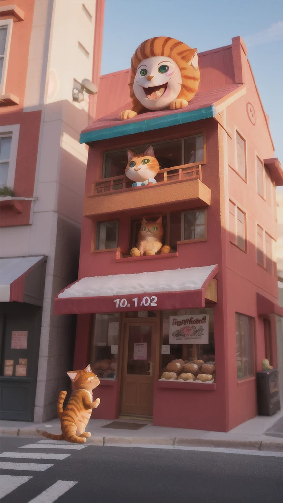 「A big ginger cat spots a colorful donut shop sign on a street corner.、Drooling。」
Stopping on a street corner、A big ginger cat spots a colorful donut shop sign、Drooling。The sign has colorful donuts on it.、It looks very delicious。Second