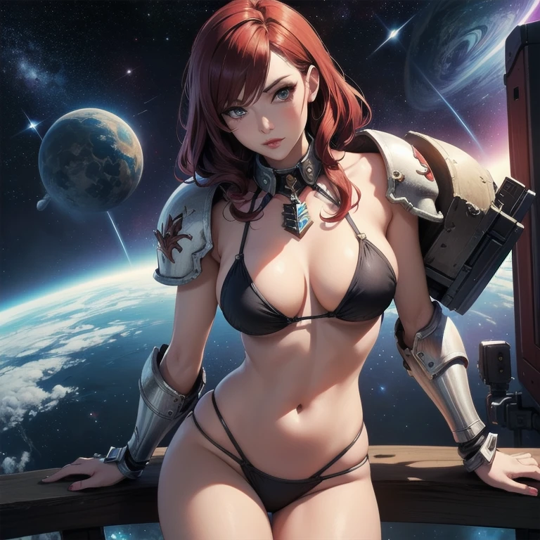 pin-up style drawing, female Warhammer 40k space marine, sexy pose, armored bikini, posing on the bridge of a space deadnought