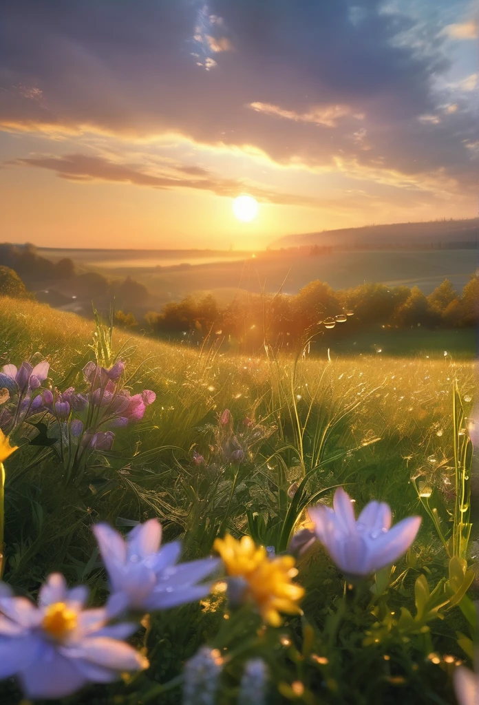 a beautiful morning sunrise, delicate flowers with dew drops, breathtaking landscape, serene and tranquil atmosphere, golden sunlight, soft natural lighting, highly detailed, 8k, photorealistic, cinematic, dramatic lighting, vibrant colors, lush greenery, picturesque countryside, romantic and ethereal, masterpiece