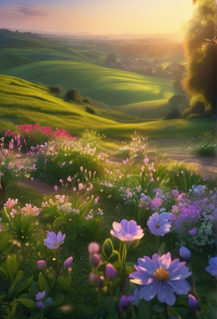 a beautiful morning sunrise, delicate flowers with dew drops, breathtaking landscape, serene and tranquil atmosphere, golden sunlight, soft natural lighting, highly detailed, 8k, photorealistic, cinematic, dramatic lighting, vibrant colors, lush greenery, picturesque countryside, romantic and ethereal, masterpiece