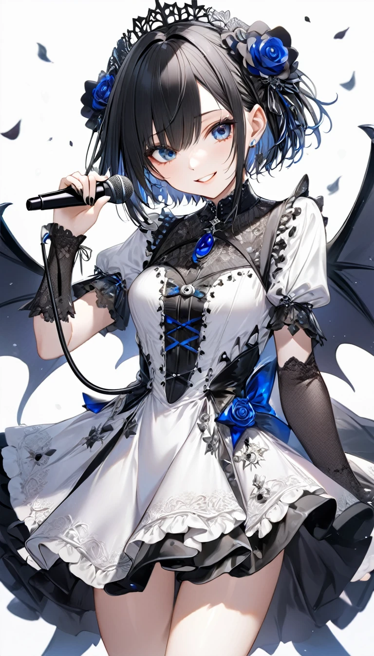(((White background:1.2)))、(masterpiece、Ultra HD、Masterpiece、4K)、Perfect Style、Scandinavian Gothic Metal Girl, Intricate details, Highly detailed eyes, Black shorthair、white gothic dress, Flash photography, Intricate details、smile、Wear long black boots、mini skirt、Intense movement、Uplifting、looks fun、masterpiece,high quality,One person girl,Idol singer,Gorgeous gothic outfit,Holding a microphone,sing,Rich in details,Correct finger,Cinema Lighting,