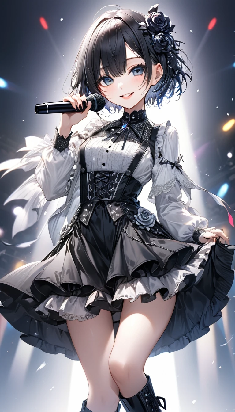 (((White background:1.2)))、(masterpiece、Ultra HD、Masterpiece、４K)、Perfect Style、Scandinavian Gothic Metal Girl, Intricate details, Highly detailed eyes, Black shorthair、white gothic dress, Flash photography, Intricate details、smile、Wear long black boots、mini skirt、Intense movement、Uplifting、looks fun、masterpiece,high quality,One person girl,Idol singer,Gorgeous gothic outfit,Holding a microphone,sing,Rich in details,Correct finger,Cinema Lighting,