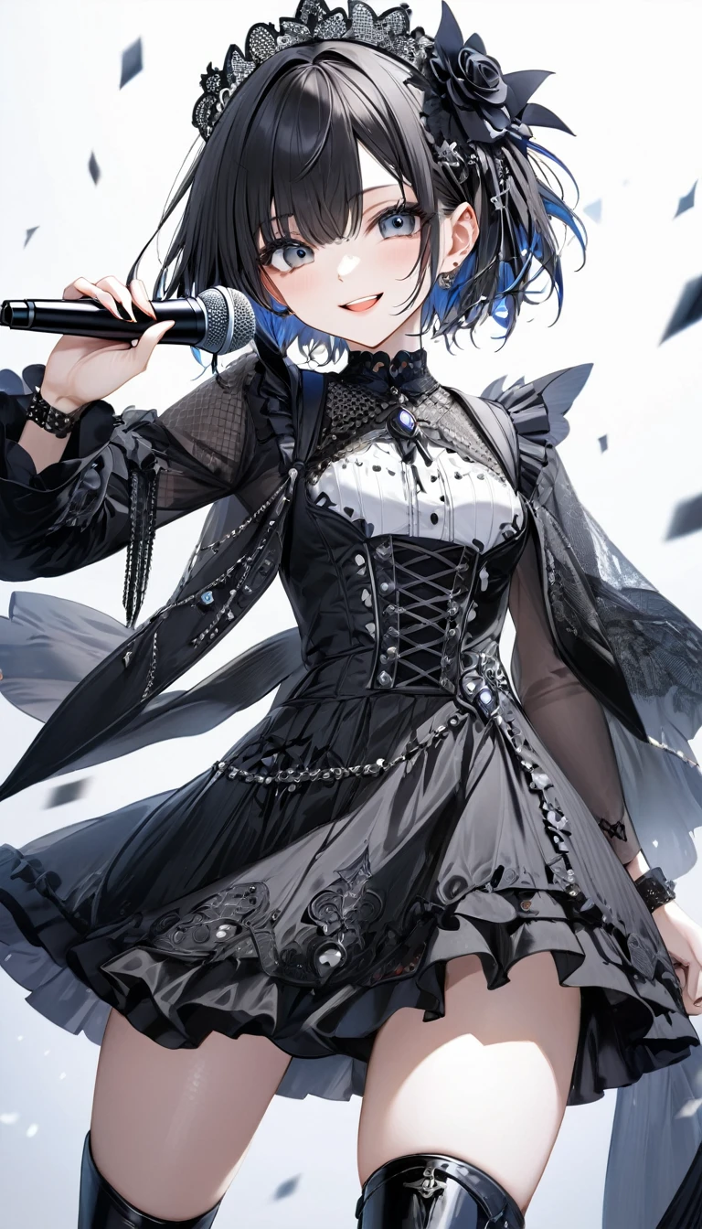 (((White background:1.2)))、(masterpiece、Ultra HD、Masterpiece、4K)、Perfect Style、Scandinavian Gothic Metal Girl, Intricate details, Highly detailed eyes, Black shorthair、white gothic dress, Flash photography, Intricate details、smile、Wear long black boots、mini skirt、Intense movement、Uplifting、looks fun、masterpiece,high quality,One person girl,Idol singer,Gorgeous gothic outfit,Holding a microphone,sing,Rich in details,Correct finger,Cinema Lighting,