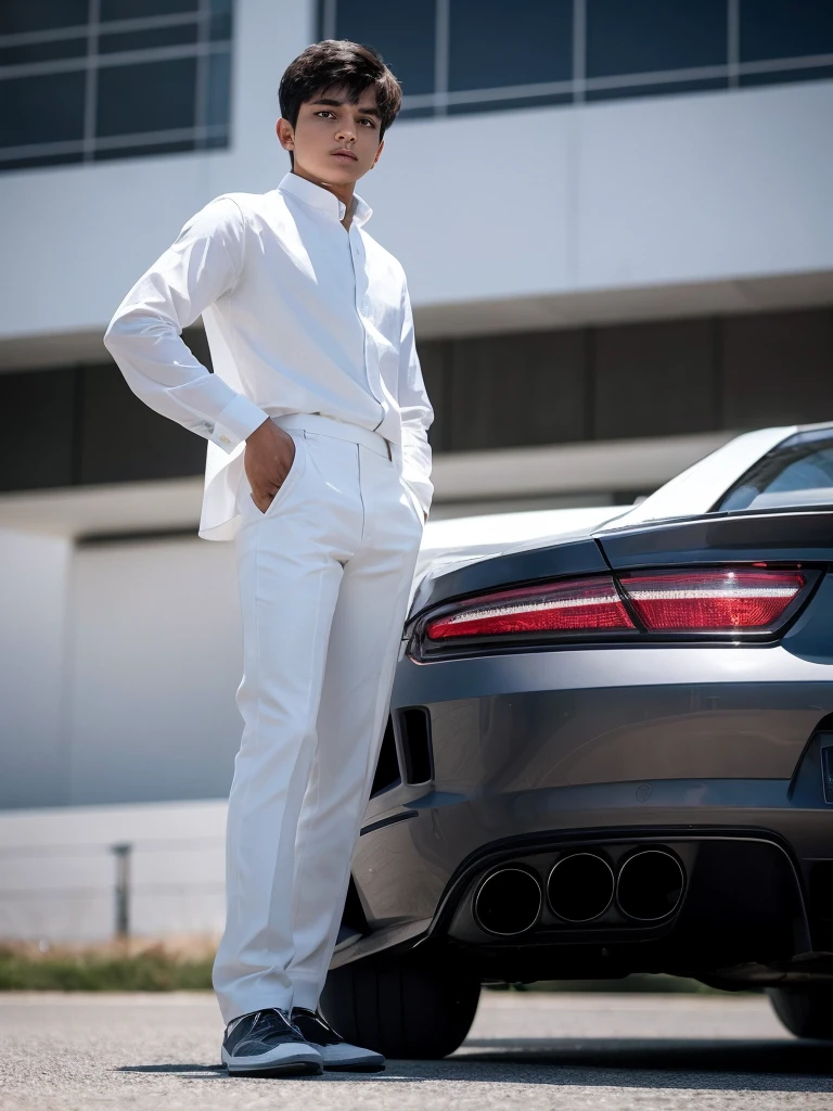 A 18 years old Indian bihari boy, white skin, black short hair, wearing formal white shirt gray pant, stand next to the sport car, motion blur, drop shadow, speed lines, 8k, 16k, 1080P, HD, highres, best quality, award winning, high quality, high details, super detail, anatomically correct