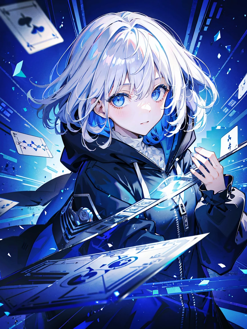 (Fine and beautiful eyes), Cinema Lighting, Gray Hair, blue eyes, Long white hair, Curly Hair, Roman Curl, Shining Eyes, (Irradiated particles), Cloudy Wrapper, blue eyes, Black Hoodie, Dramatic composition, Extreme Detail, High resolution,Playing cards flying in the air, knife、 Looking at the camera