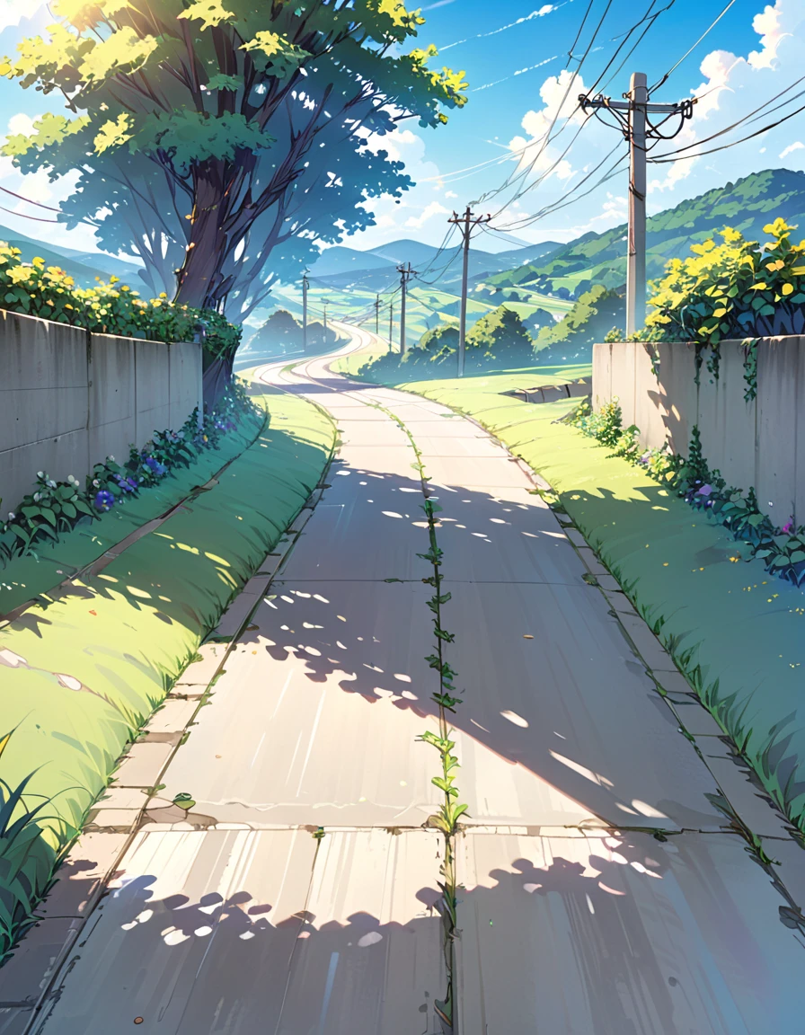 Highest quality、detailed、More information、beautifully、Anime Scenery、summer、countryside、Long concrete road、Slightly overgrown grass、electric wire、electric wire、重なったelectric wire、sunny、Sunny、Emotional、Attractive landscape painting、bright、shadow、beautiful、