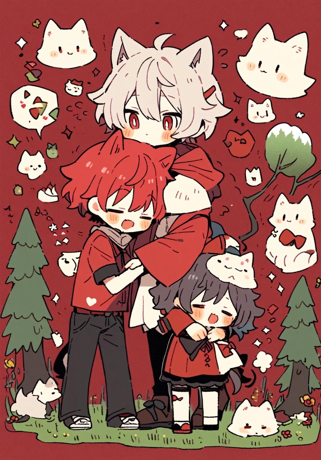 tegaki chibi 2boys wholesome gay male relationship red hood boy and man wolf ears hug in the forest gothic ta