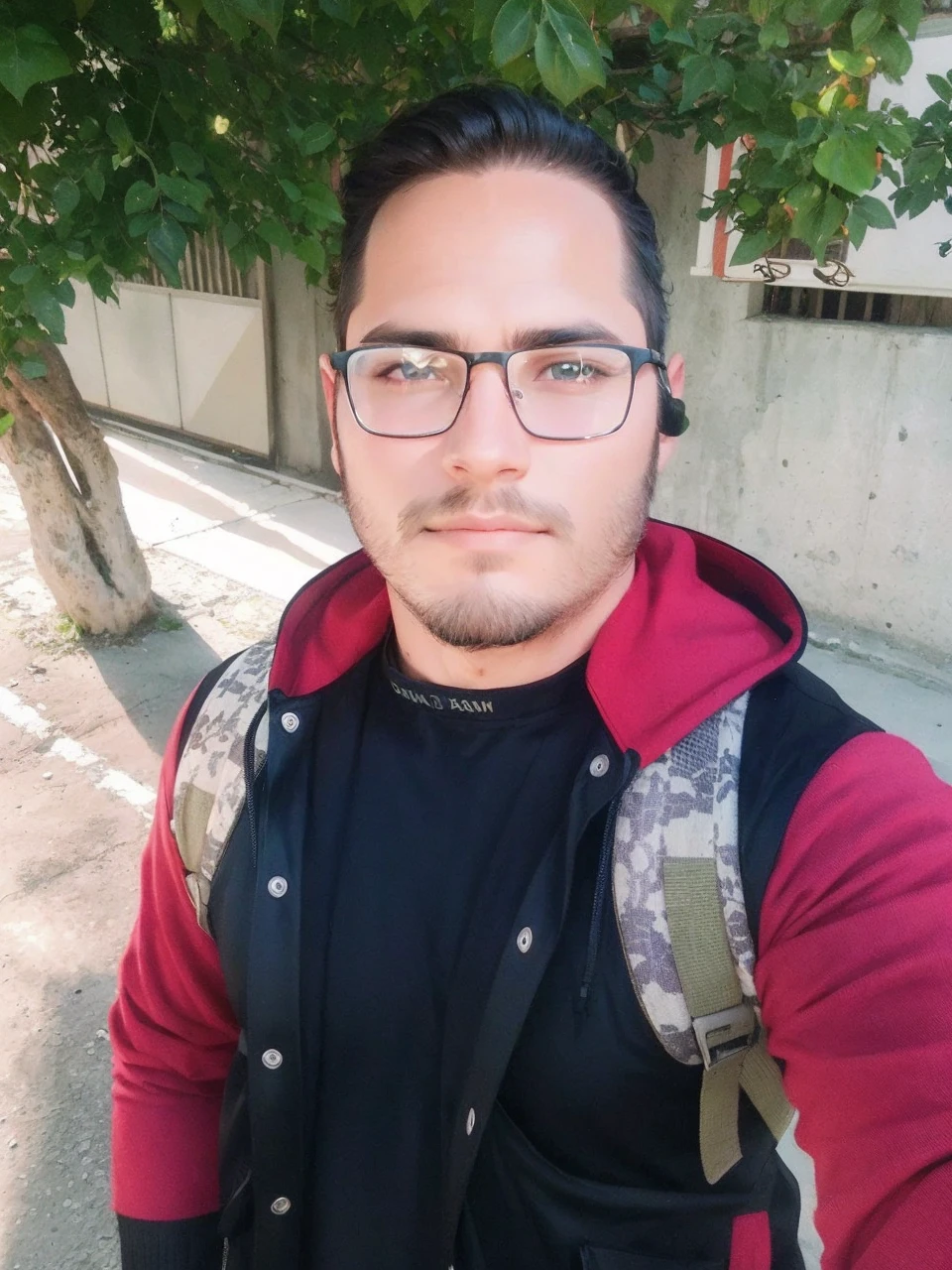 Straight, slanted dark hair, beard shadow enhance facial details 
