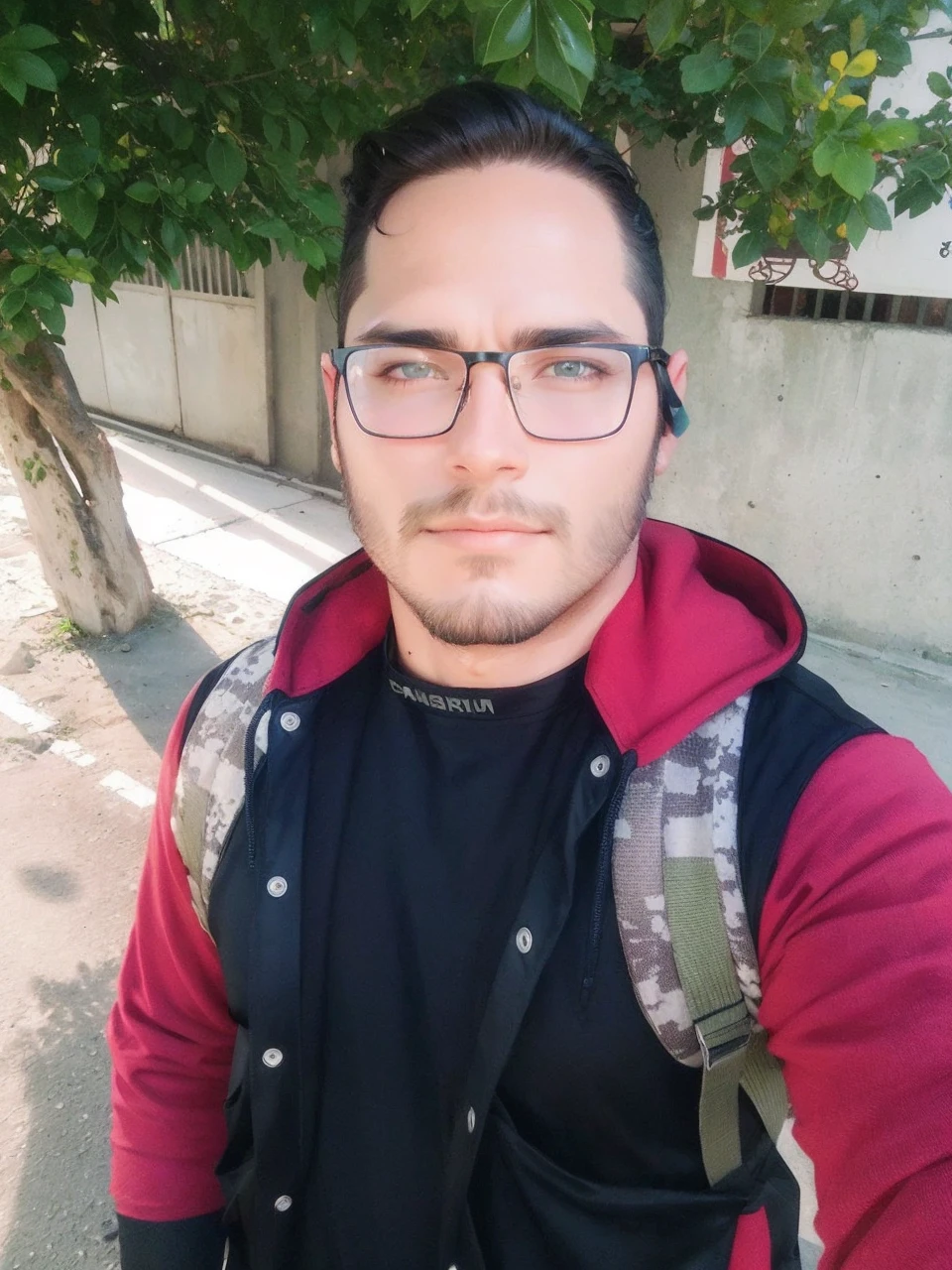 Straight, slanted dark hair, beard shadow enhance facial details 