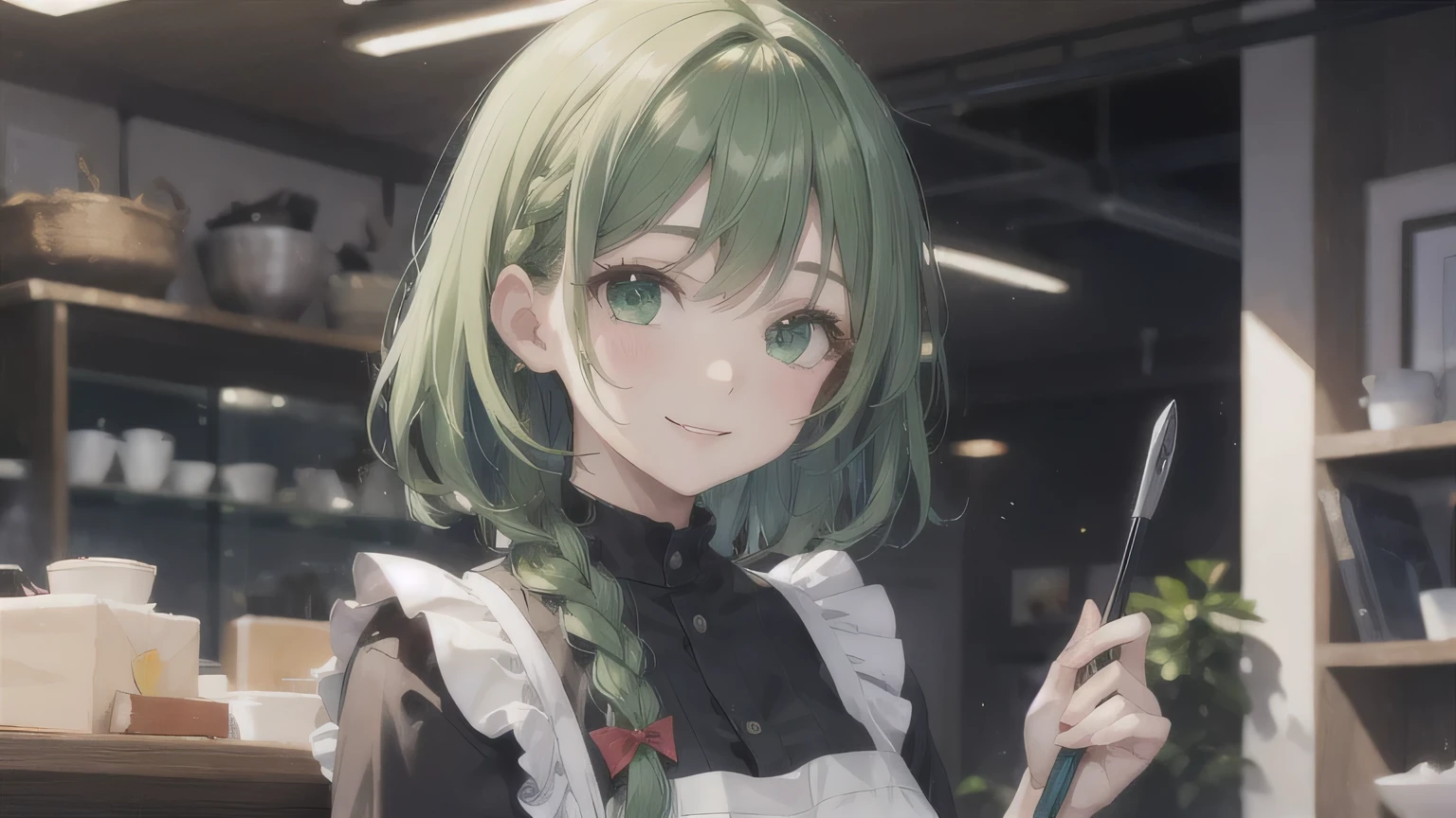 Green Hair、Braid、One Girl,20-year-old,Beautiful Face,Upper Body、Sharp focus,Apron dress、A kind smile、Green Eyes、Green clothes