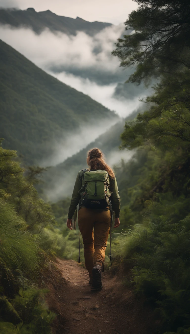 detailed face, detailed eyes, detailed lips, highly detailed, 4k, 8k, photorealistic, cinematic lighting, dramatic colors, lush vegetation, atmospheric fog, intricate details, breathtaking landscape, adventure, exploration, full body shot, Beautiful woman is hiking, wearing a carrier bag, wearing a mountain jacket, wearing mountain pants, ((wearing mountain shoes)), Indonesian mountains background