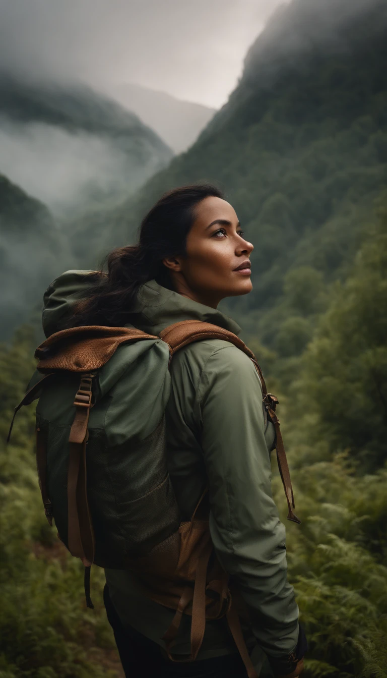 detailed face, detailed eyes, detailed lips, highly detailed, 4k, 8k, photorealistic, cinematic lighting, dramatic colors, lush vegetation, atmospheric fog, intricate details, breathtaking landscape, adventure, exploration, full body shot, Beautiful woman is hiking, wearing a carrier bag, wearing a mountain jacket, wearing mountain pants, ((wearing mountain shoes)), Indonesian mountains background