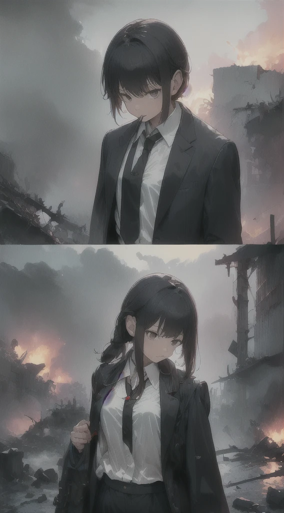 Highest quality, movie quality, scene on the verge of death, ruins, smoking, blood, coat, man (35 years old, tsuntsun head, black hair, coat in a suit, holding a gun in hand, lying on back), rain, fog