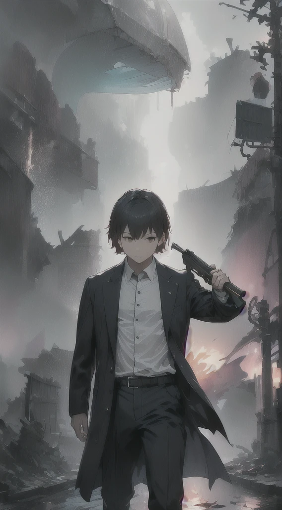 Highest quality, movie quality, scene on the verge of death, ruins, smoking, blood, coat, man (35 years old, tsuntsun head, black hair, coat in a suit, holding a gun in hand, lying on back), rain, fog