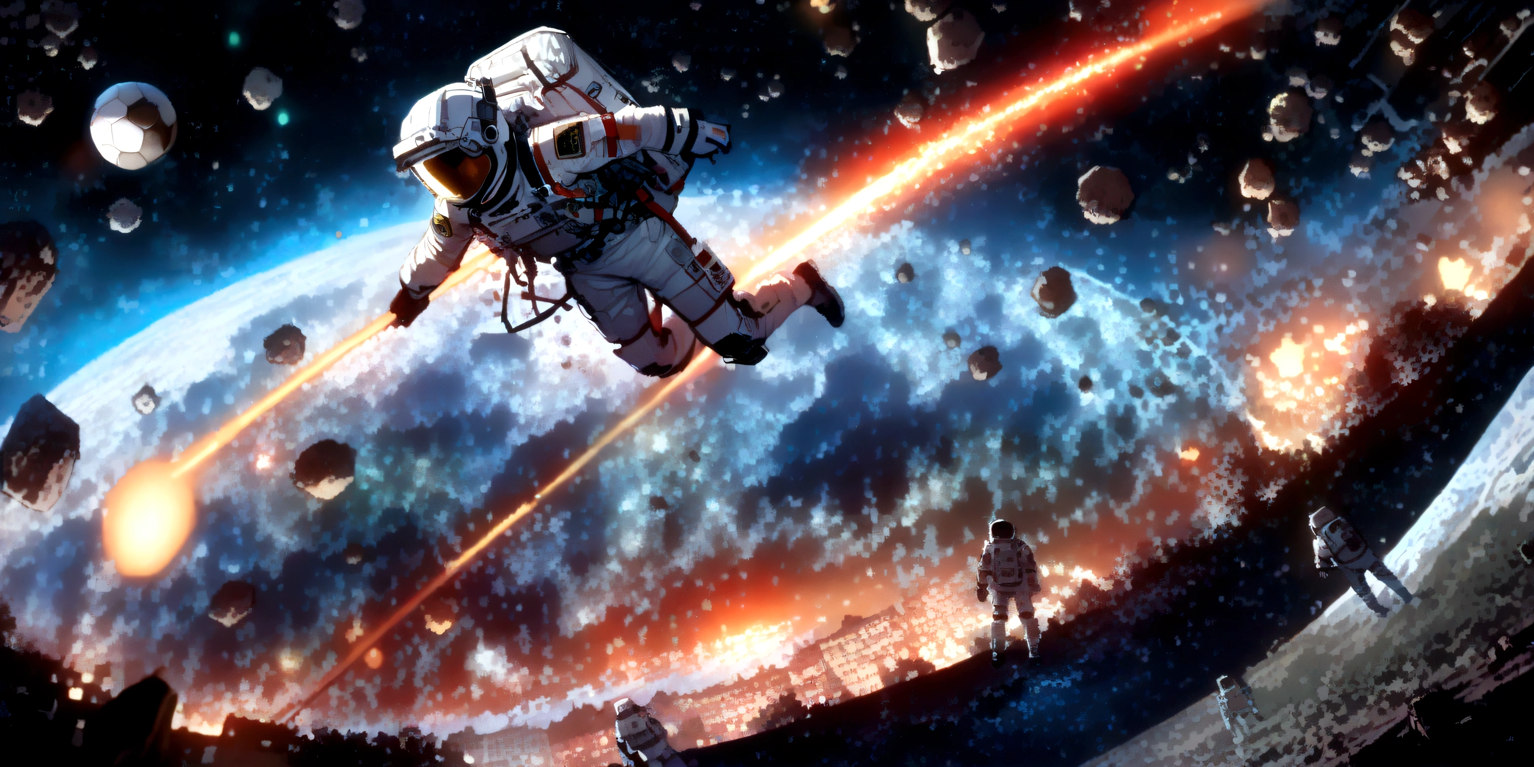 quality\(8k,wallpaper of extremely detailed CG unit, masterpiece,hight resolution,top-quality,top-quality real texture skin,hyper realisitic,increase the resolution,RAW photos,best qualtiy,highly detailed,the wallpaper,cinematic lighting,ray trace,golden ratio\), BREAK ,(many astronauts:1.5),many astronauts\(wearing spacesuit,\) are (playing soccer:1.5) (at space:1.5),background\((1soccerball:1.3),earth\((beautiful,blue:1.4)\),the galaxy\(dark,beautiful,beautiful stars,beautiful nebureu\)\),landscape