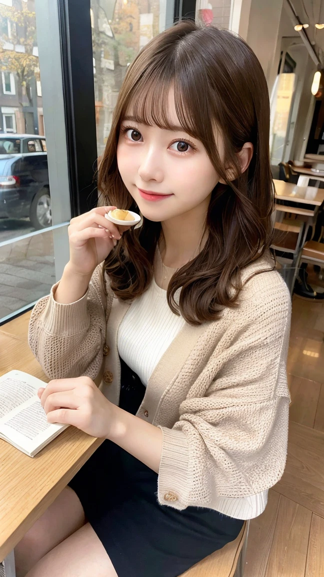 best quality, masterpiece, 1girl, medium hair, perm hair, wearing cardigan, cafe, reading magazine, full body shot, natural light
