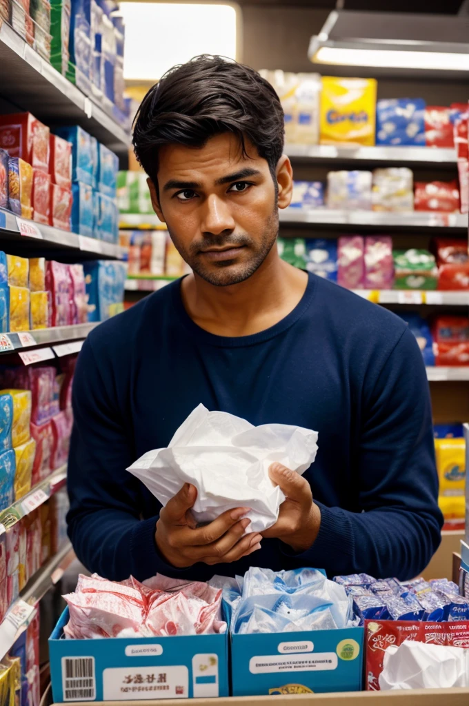 Close up of Man's hand packing a tissue boxes in a packet in a trader store at night