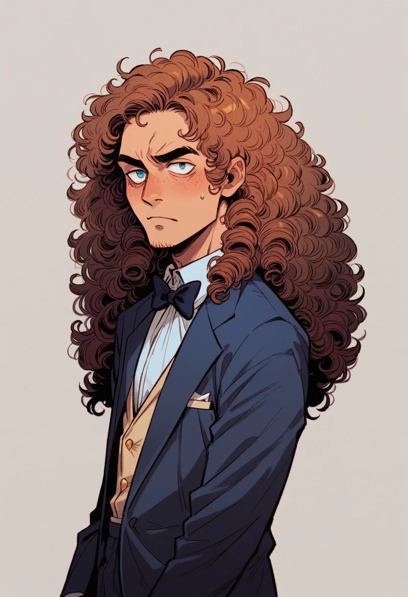 alien in tuxedo, curly hair, nerdy look, gotee