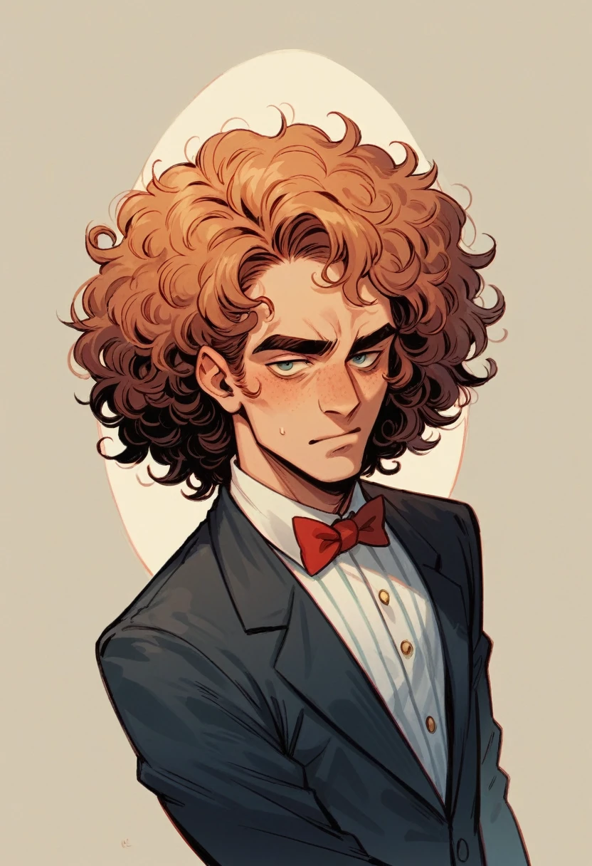 alien in tuxedo, curly hair, nerdy look, gotee