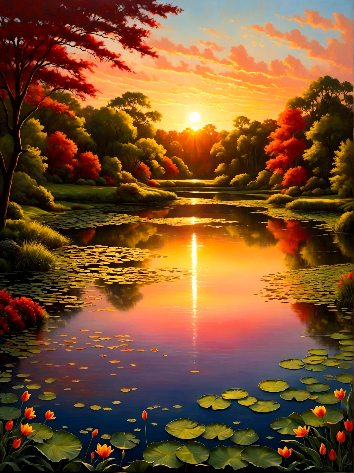 (Sunrise Time:1.6)，A picturesque early morning scene featuring the radiant glow of a sunrise splashed across the sky. The light from the sun is just peeking over the horizon, casting vibrant hues of orange, red, yellow, and pink. In the foreground, a tranquil lake reflects the stunning colors of the sky. Its serene surface is barely disturbed, except for a few subtle ripples that add charm to the scene. Surrounding the lake are lush trees and greenery, still cast in shadows due to the receding darkness but starting to catch the lively glow of the breaking day. The image captures the beautiful transition from night to dawn, The perspective is from a wide-angle view emphasizing the immense scope of the breathtaking landscape filled with natural elements, The image should evoke a sense of drama and magnitude with the effective use of light and shade.