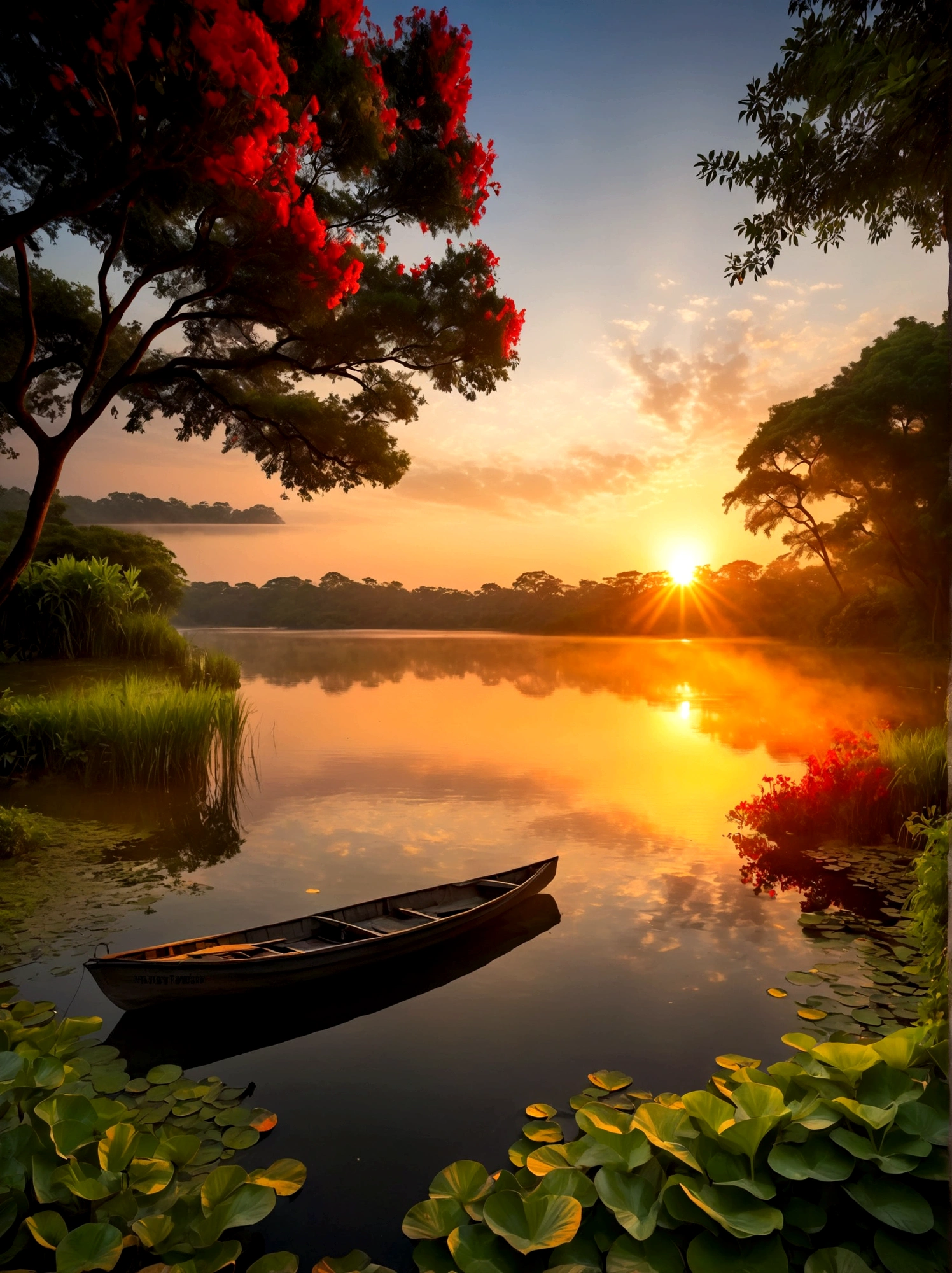 (Sunrise Time:1.6)，A picturesque early morning scene featuring the radiant glow of a sunrise splashed across the sky. The light from the sun is just peeking over the horizon, casting vibrant hues of orange, red, yellow, and pink. In the foreground, a tranquil lake reflects the stunning colors of the sky. Its serene surface is barely disturbed, except for a few subtle ripples that add charm to the scene. Surrounding the lake are lush trees and greenery, still cast in shadows due to the receding darkness but starting to catch the lively glow of the breaking day. The image captures the beautiful transition from night to dawn, The perspective is from a wide-angle view emphasizing the immense scope of the breathtaking landscape filled with natural elements, The image should evoke a sense of drama and magnitude with the effective use of light and shade.