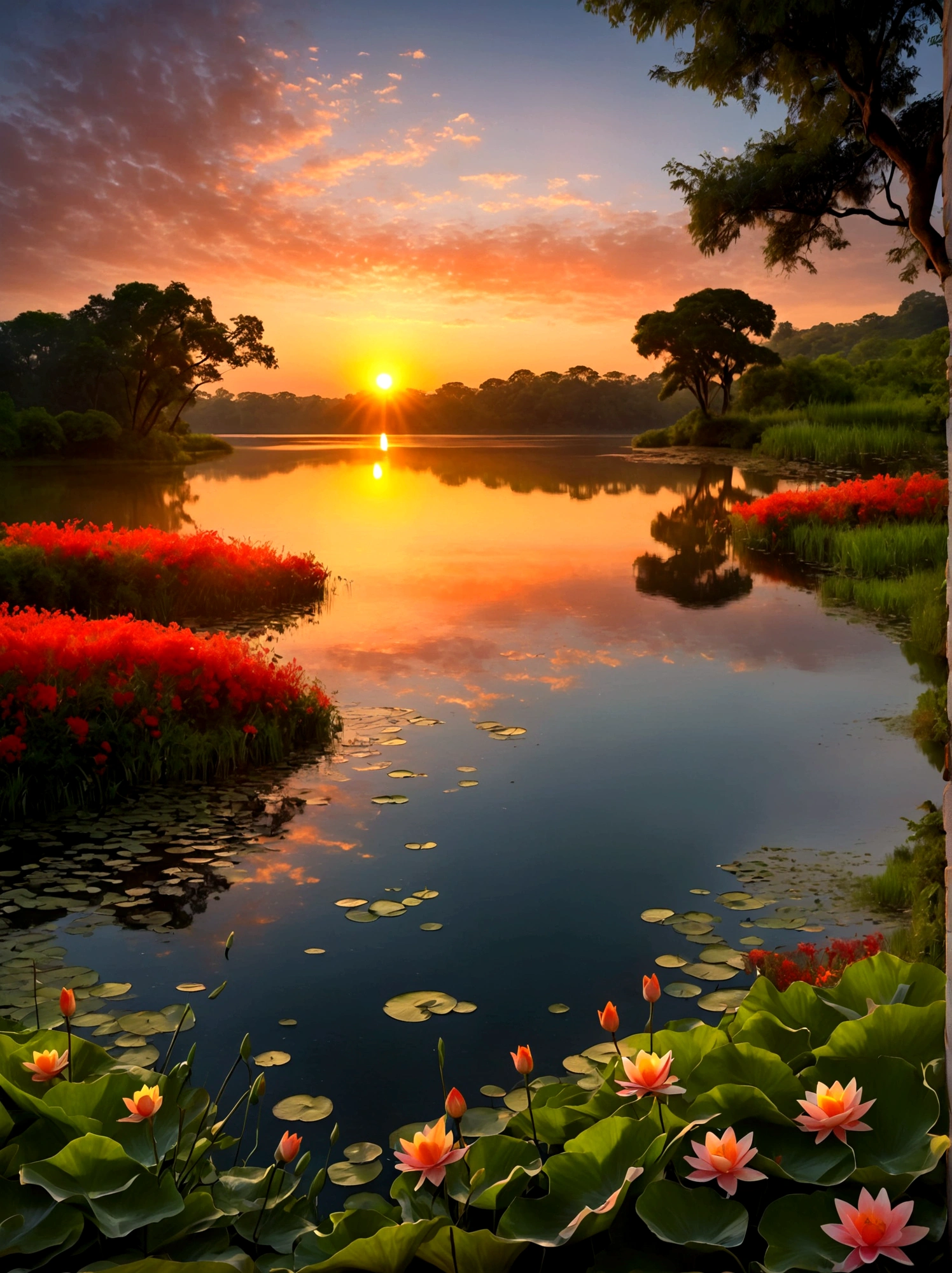 (Sunrise Time:1.6)，A picturesque early morning scene featuring the radiant glow of a sunrise splashed across the sky. The light from the sun is just peeking over the horizon, casting vibrant hues of orange, red, yellow, and pink. In the foreground, a tranquil lake reflects the stunning colors of the sky. Its serene surface is barely disturbed, except for a few subtle ripples that add charm to the scene. Surrounding the lake are lush trees and greenery, still cast in shadows due to the receding darkness but starting to catch the lively glow of the breaking day. The image captures the beautiful transition from night to dawn, The perspective is from a wide-angle view emphasizing the immense scope of the breathtaking landscape filled with natural elements, The image should evoke a sense of drama and magnitude with the effective use of light and shade.