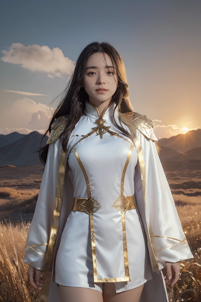((masterpiece, best quality, extremely detailed), volumetric lighting, ambient occlusion, colorful, glowing), 1girl, solo, young girl, (dark hair), long hair, ranger suit, hunter class dnd, cloak, (white outfit with gold detailst:1.3), armor, outdoors, sunset, sky, clouds, space, (fantasy theme:1.2),