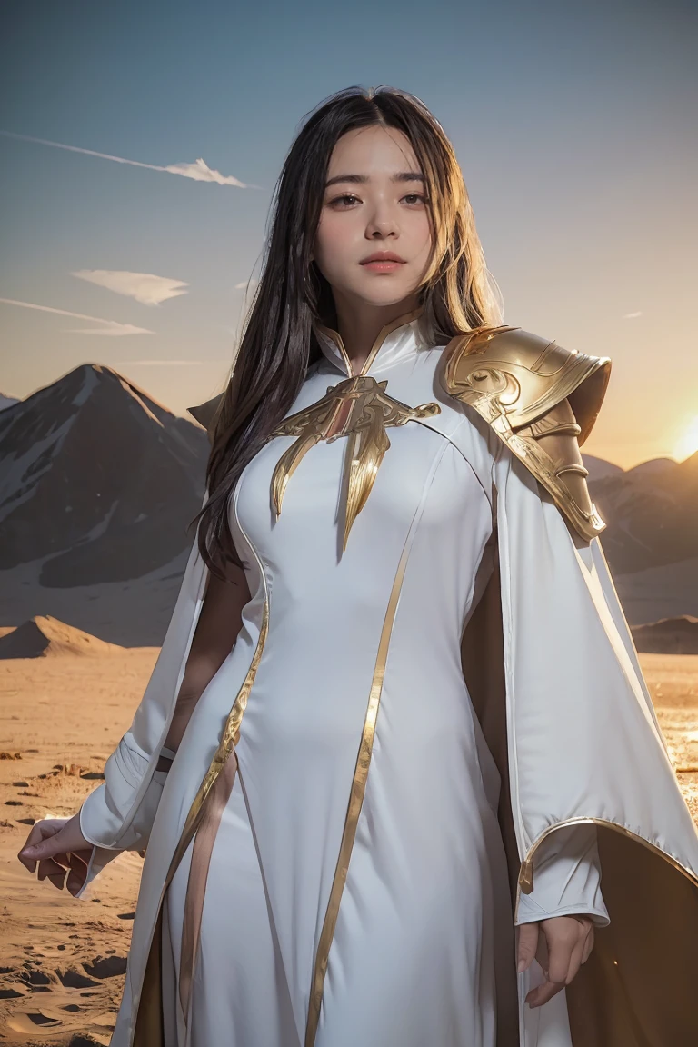((masterpiece, best quality, extremely detailed), volumetric lighting, ambient occlusion, colorful, glowing), 1girl, solo, young girl, (dark hair), long hair, ranger suit, hunter class dnd, cloak, (white outfit with gold detailst:1.3), armor, outdoors, sunset, sky, clouds, space, (fantasy theme:1.2),