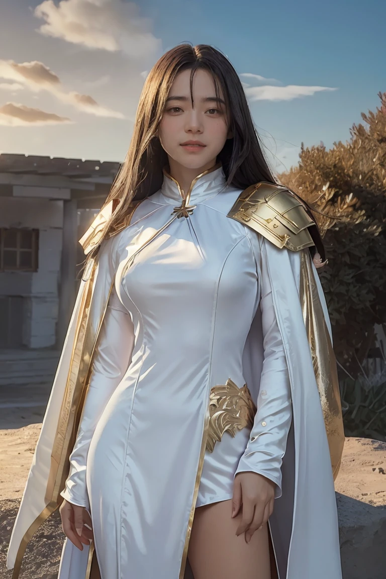 ((masterpiece, best quality, extremely detailed), volumetric lighting, ambient occlusion, colorful, glowing), 1girl, solo, young girl, (dark hair), long hair, ranger suit, hunter class dnd, cloak, (white outfit with gold detailst:1.3), armor, outdoors, sunset, sky, clouds, space, (fantasy theme:1.2),