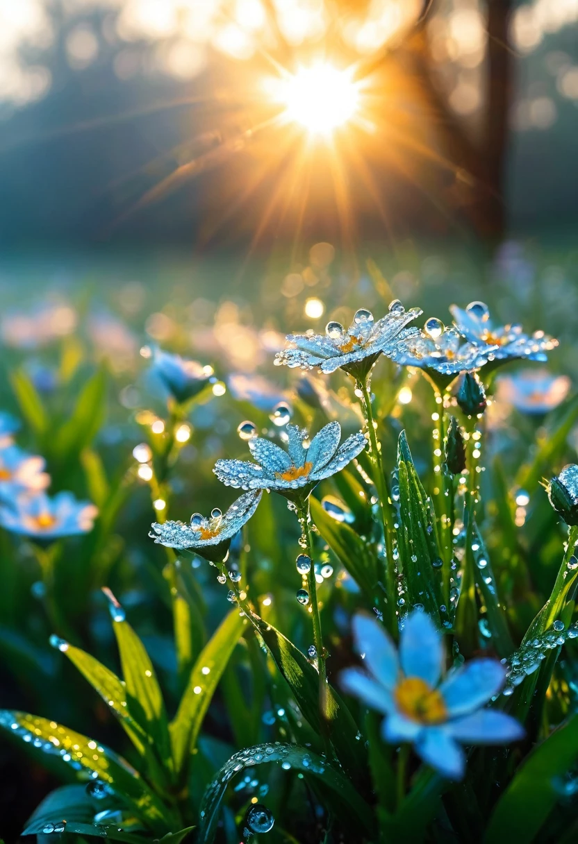 The first rays of sunlight in the morning，Dew on flowers，(sunrise)，Beautiful picture，HD Wallpapers